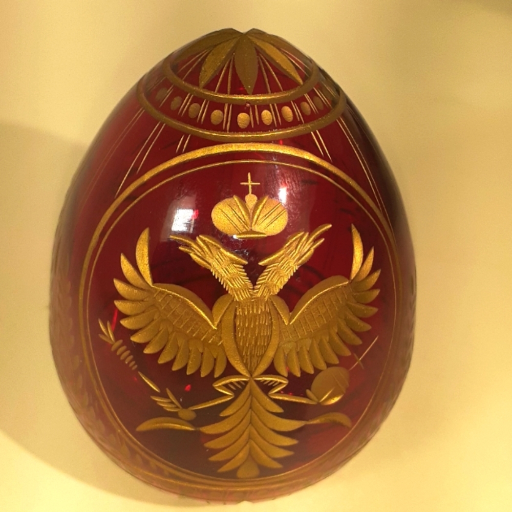 Faberge Russian Imperial Eagle Decorative Red Glass &  Gold Egg Art Labeled